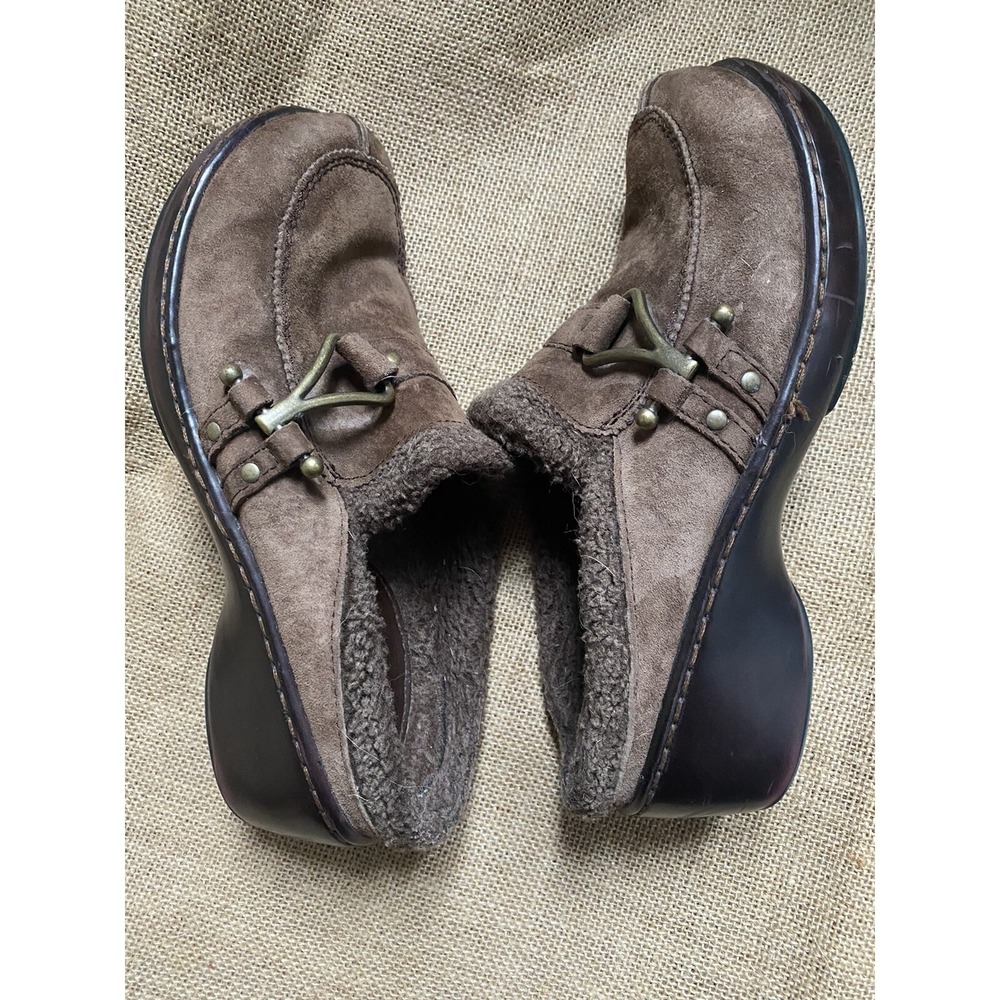 Klogs Womens Brown Suede Faux Fur Lined Mules Buckle‎ Wedge Clogs Size 9M